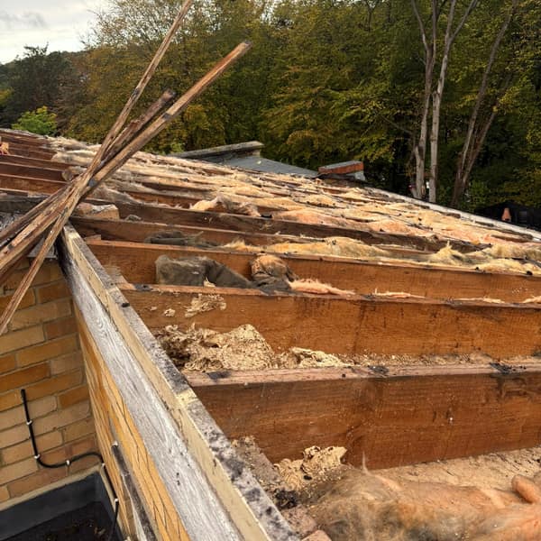The roof stripped back to the timbers, with old battens piled against the gable